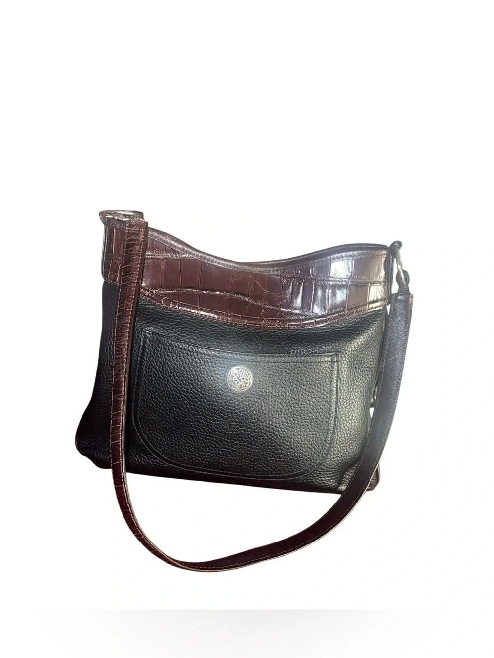 Brighton Vtg Black Pebbled & Brown Croc Shoulder Bag Leather Silver Medallion
